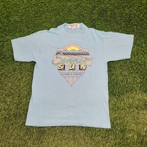 Vintage 90s Summer Sun Shirt Womens S/M 18x25 Blue Souvenir